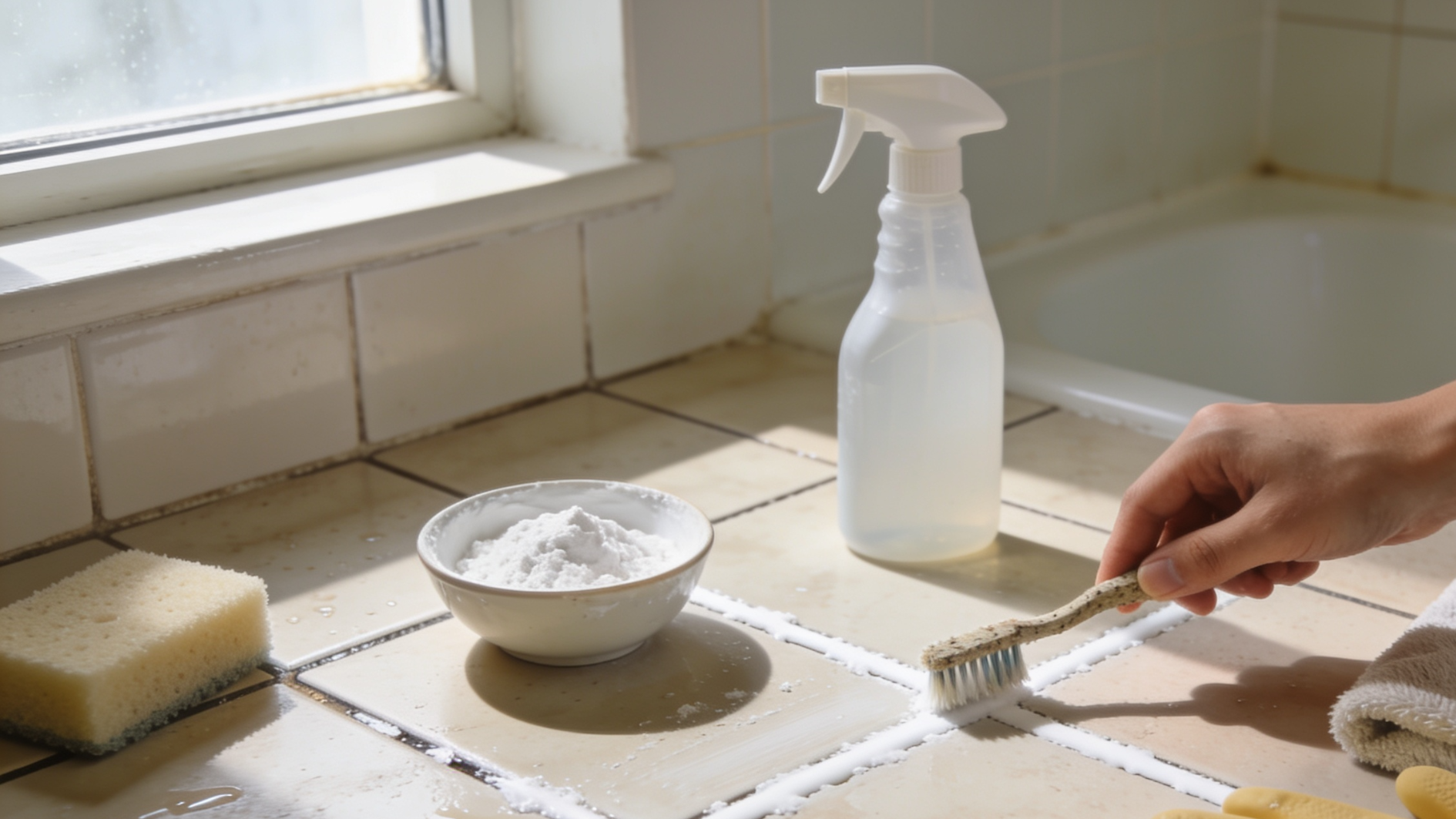 hand scrubbing bathroom tile grout with paste, spray bottle, and sponge nearby