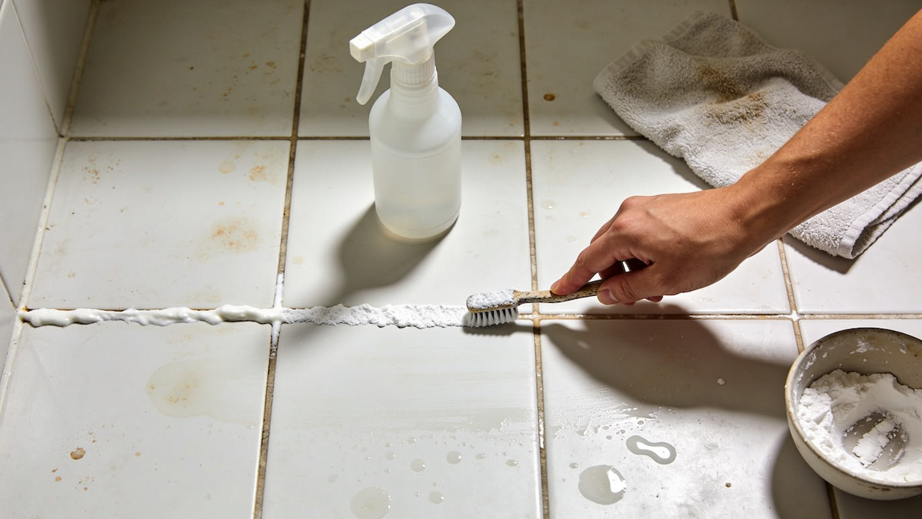 hand scrubbing dirty tile grout with a toothbrush and cleaning paste