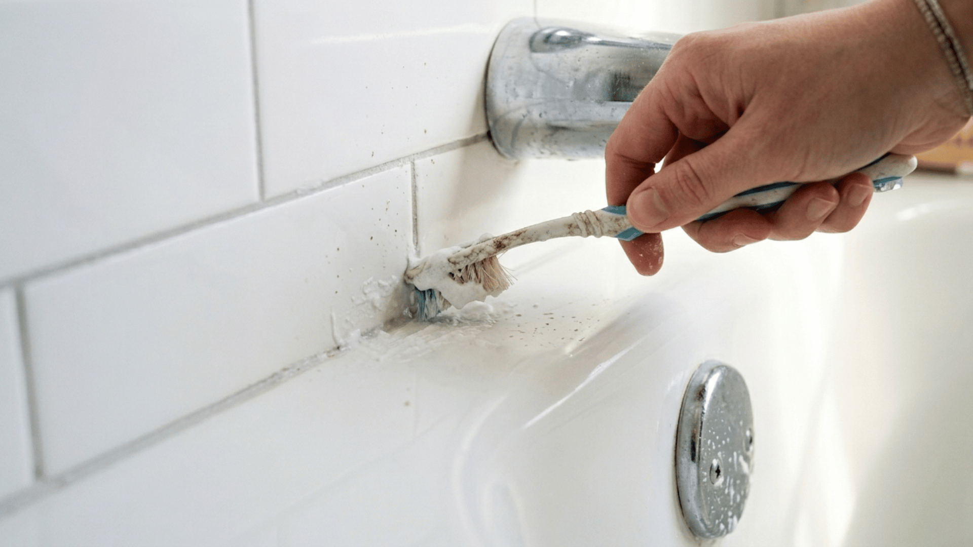 hand scrubbing grout around bathtub faucet with small brush, foam cleaner, white tile wall and chrome drain in bathroom