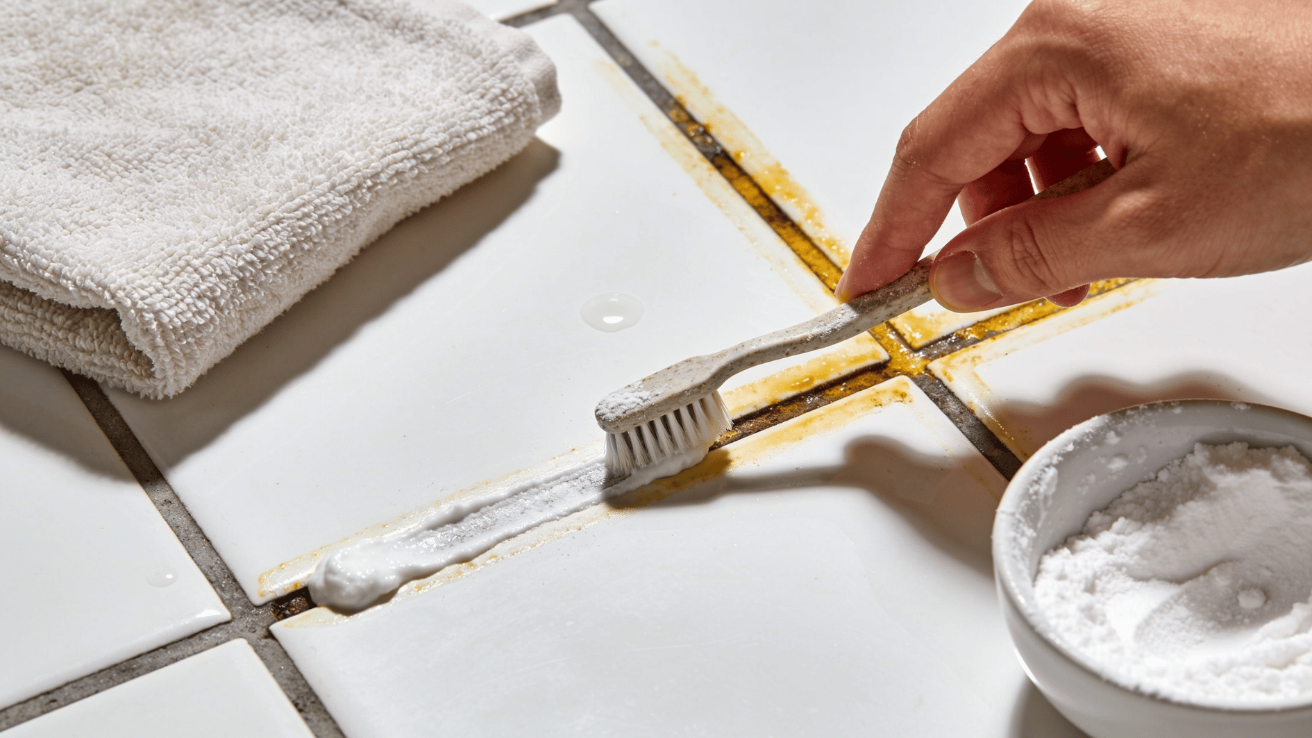 hand scrubbing stained grout between white floor tiles with baking soda paste and toothbrush
