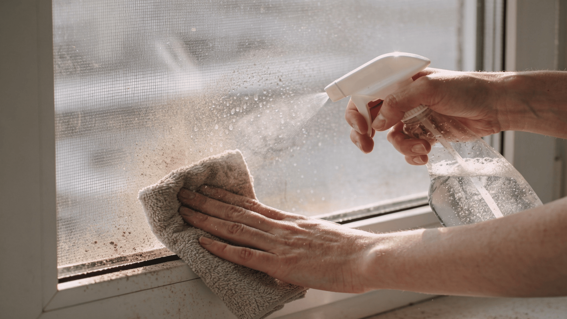 hand spraying and wiping a dirty window screen with cleaning spray and microfiber cloth