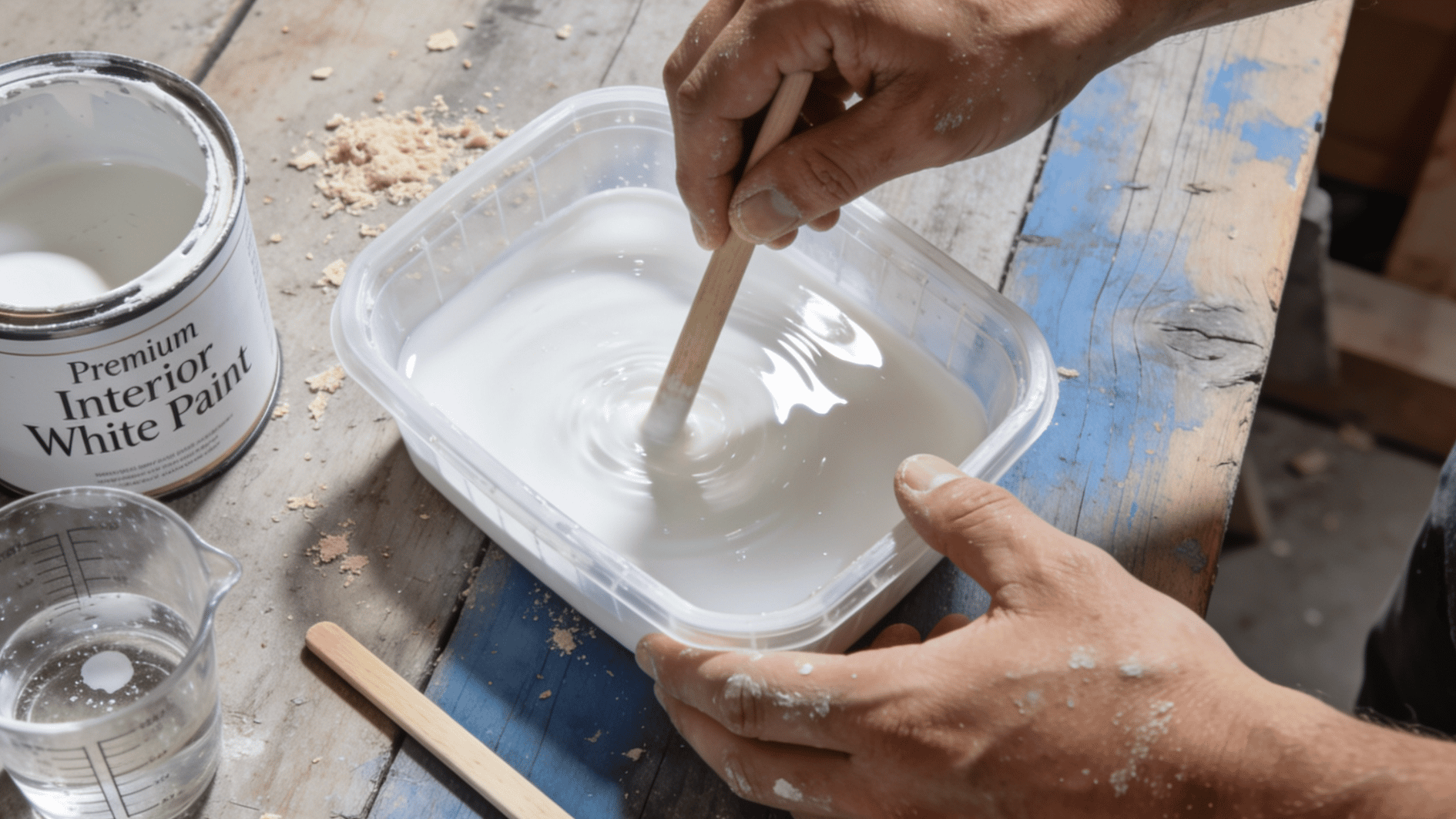hand stirs equal parts white paint and water in a disposable plastic container with a wooden stick