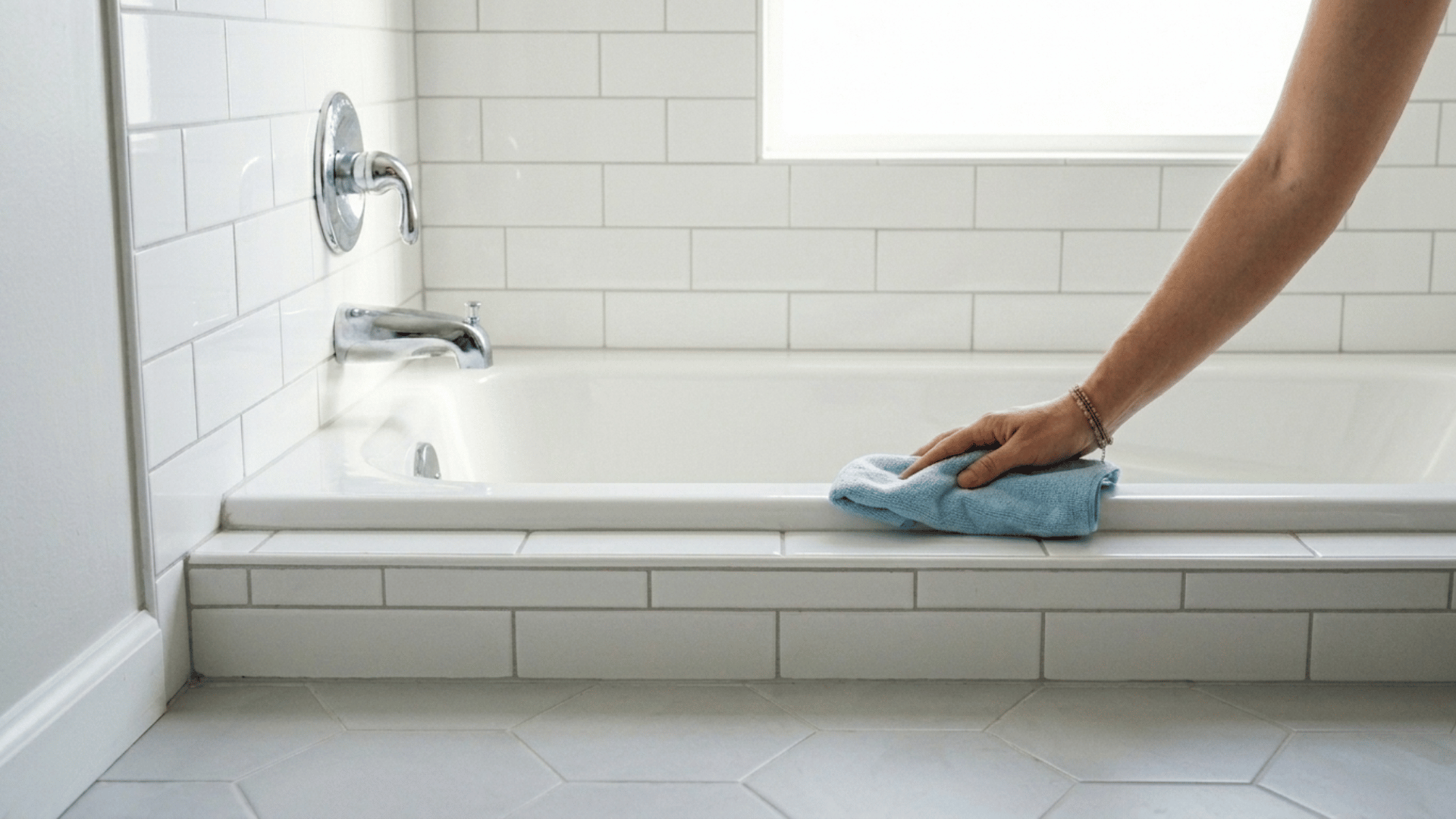 hand wiping a white bathtub ledge with a blue cloth beside chrome faucet, subway tile wall and bright bathroom window