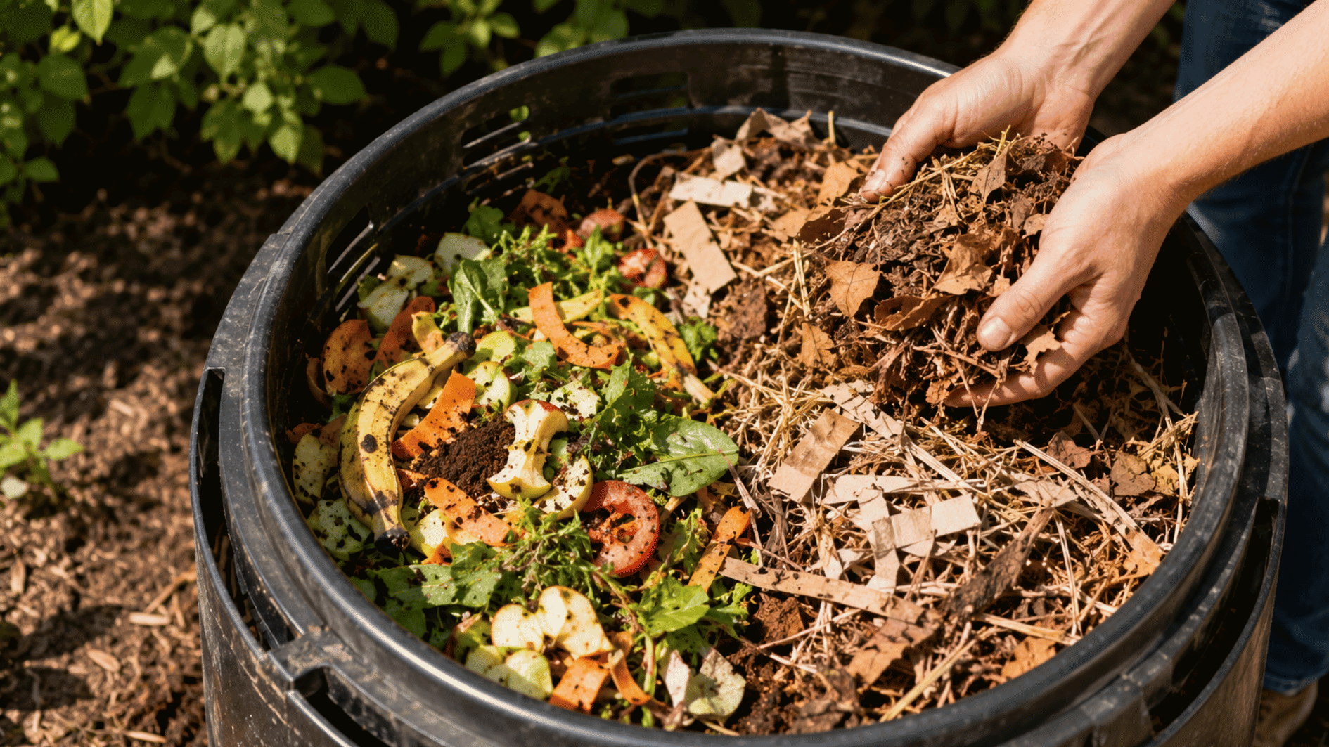hands adding dry leaves beside food scraps in a backyard compost bin under sunlight