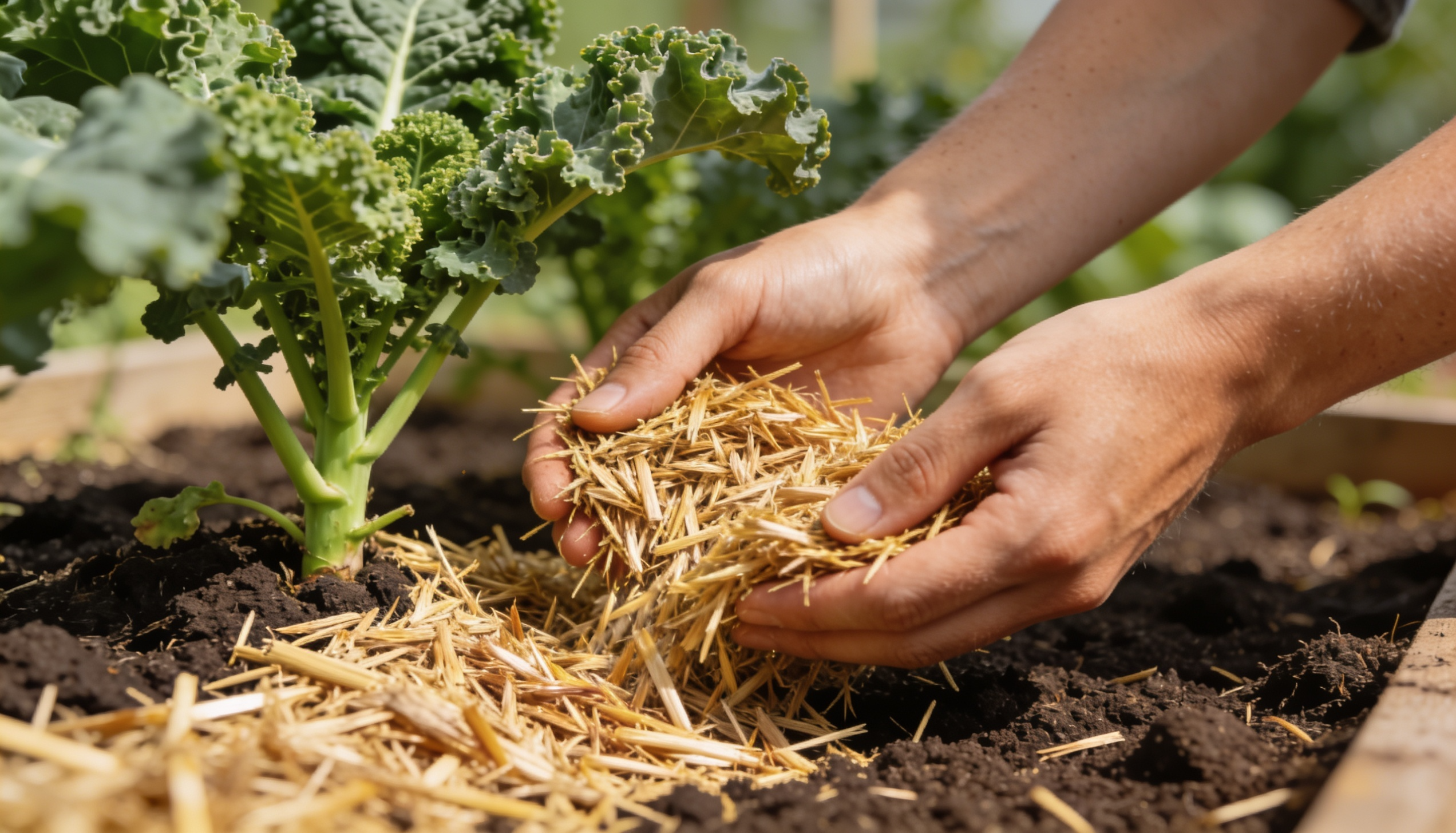 hands applying straw mulch around kale plants to retain soil moisture and reduce weed growth in a garden bed