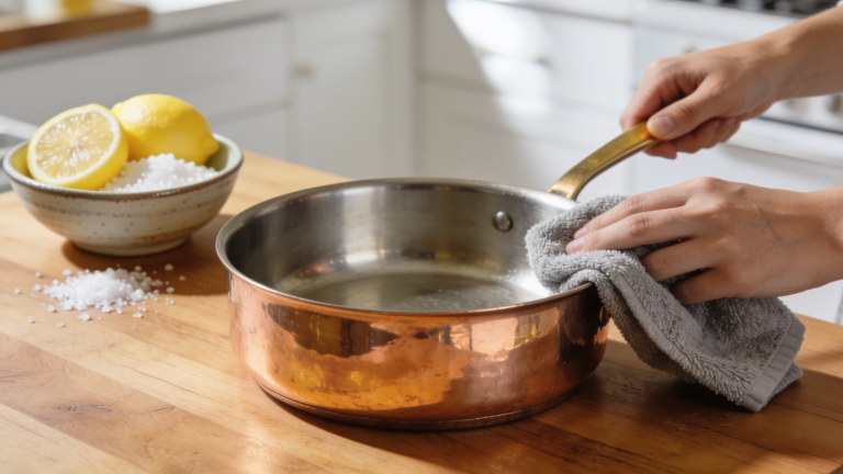 hands drying a clean copper saucepan with a gray microfiber cloth beside lemons and salt on a wooden kitchen countertop