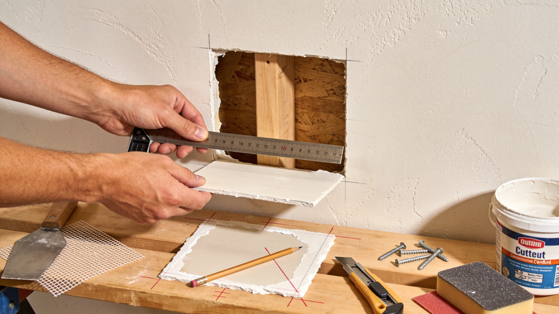 hands measuring a drywall patch for a wall opening with ruler, tools, screws, mesh, and spackle