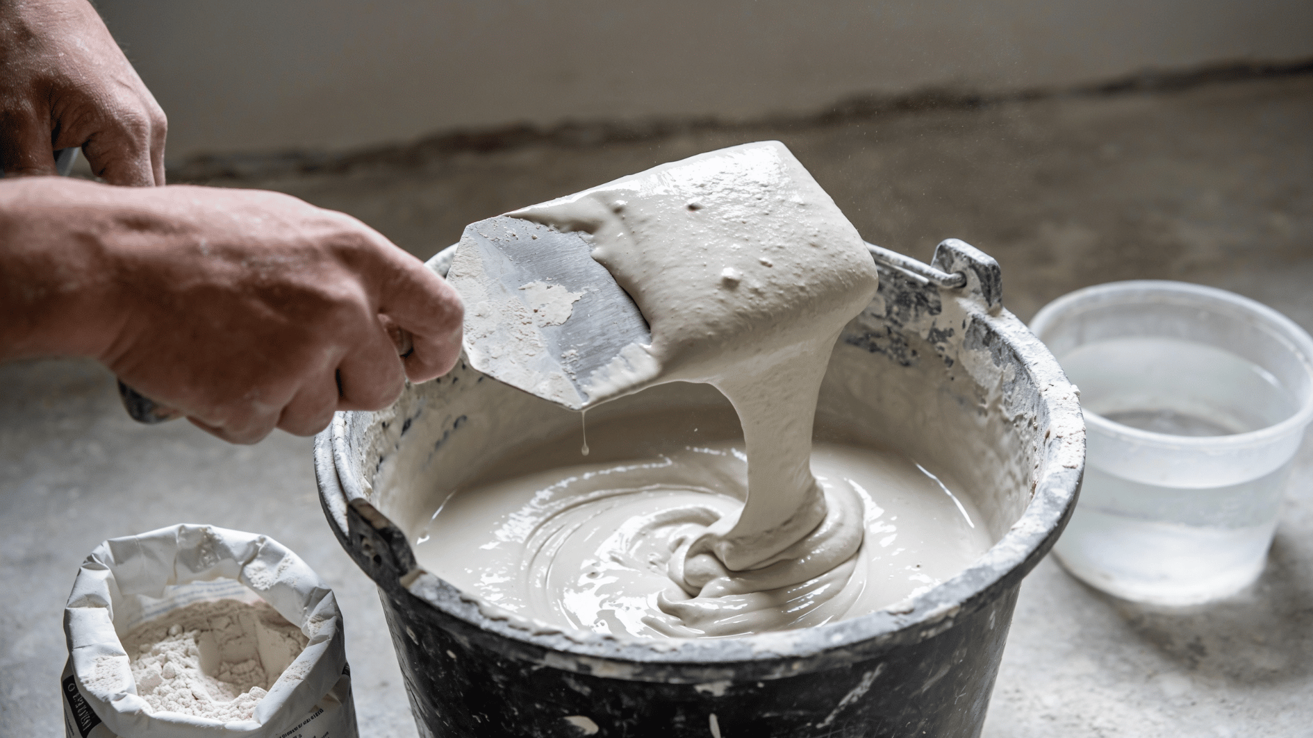 hands mixing plaster in bucket with trowel, showing thick cement slurry being stirred