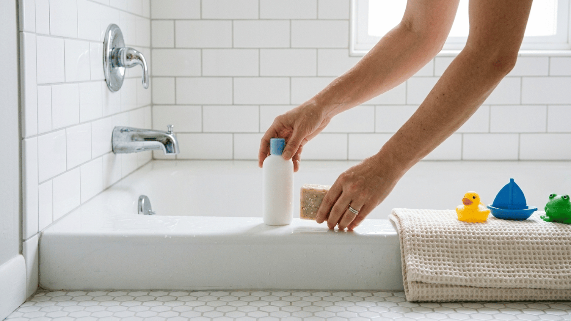 hands placing soap and bottle on a white bathtub ledge with bath toys, folded towel, chrome faucet and white subway tiles