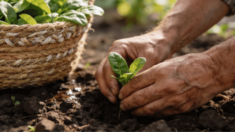 hands planting young spinach seedling in rich garden soil beside a woven basket of fresh leaves