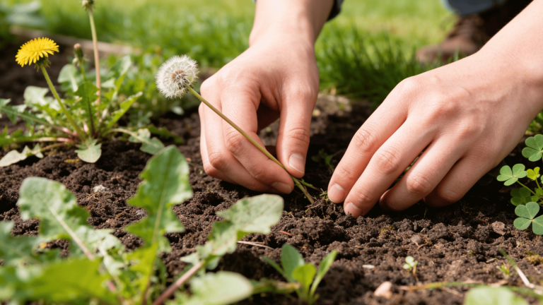 hands pulling dandelion weed from garden soil with surrounding grass and sunlight in close-up outdoor gardening scene