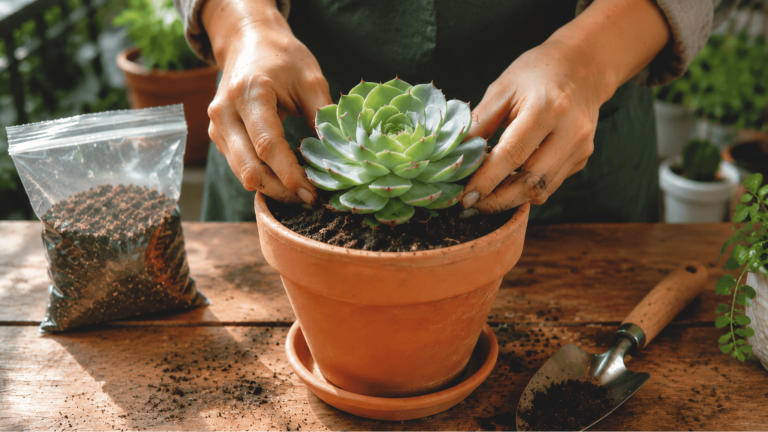 hands repotting a green succulent in a terracotta pot with soil and gardening tools on a wooden table