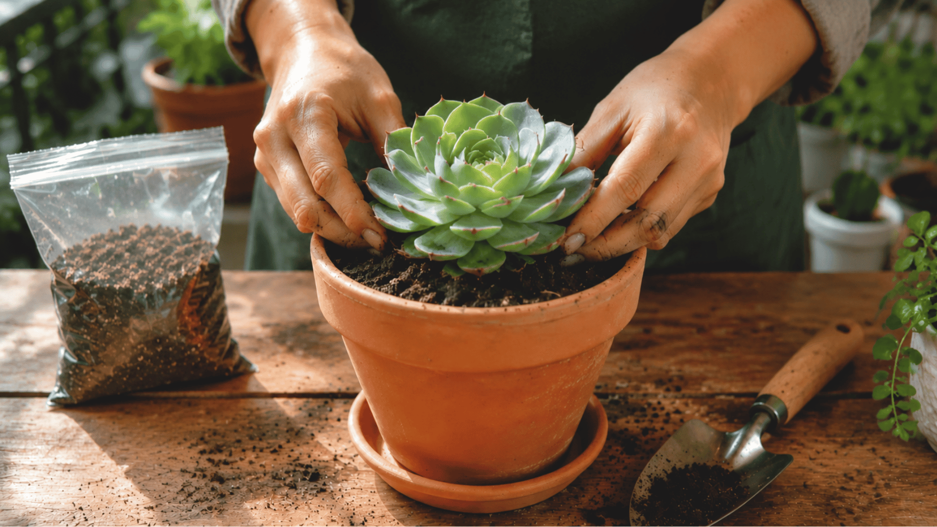 hands repotting a green succulent in a terracotta pot with soil and gardening tools on a wooden table