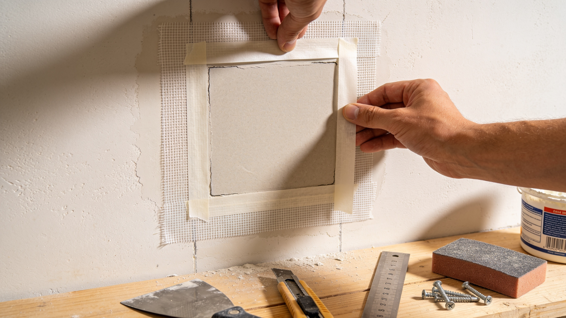 hands taping mesh around a drywall patch with putty knife, ruler, screws, and sanding sponge