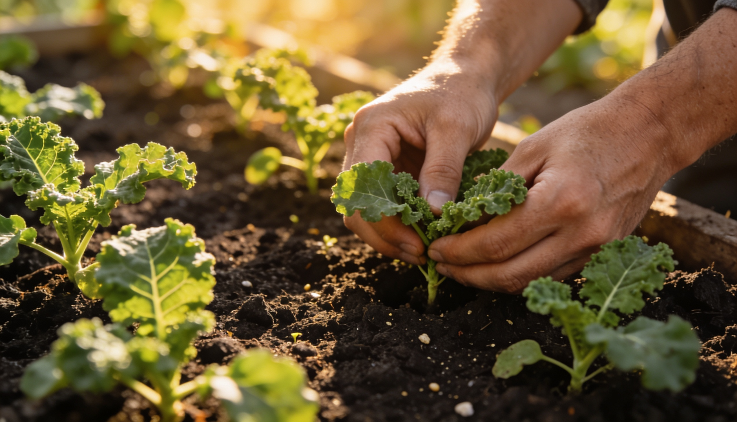 hands thinning young kale seedlings to improve spacing and support healthy plant growth in a garden bed