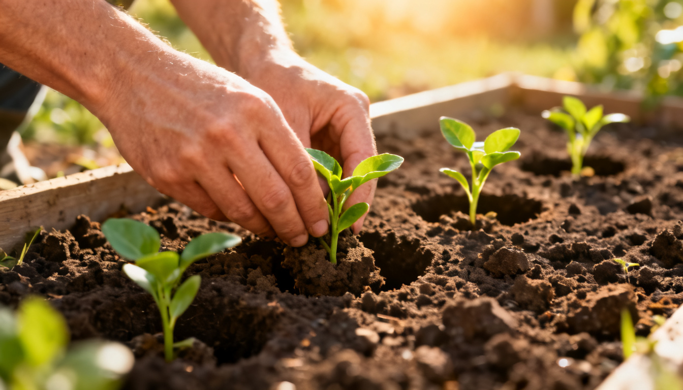 hands transplanting young kale seedlings into prepared soil in a raised garden bed on a sunny day