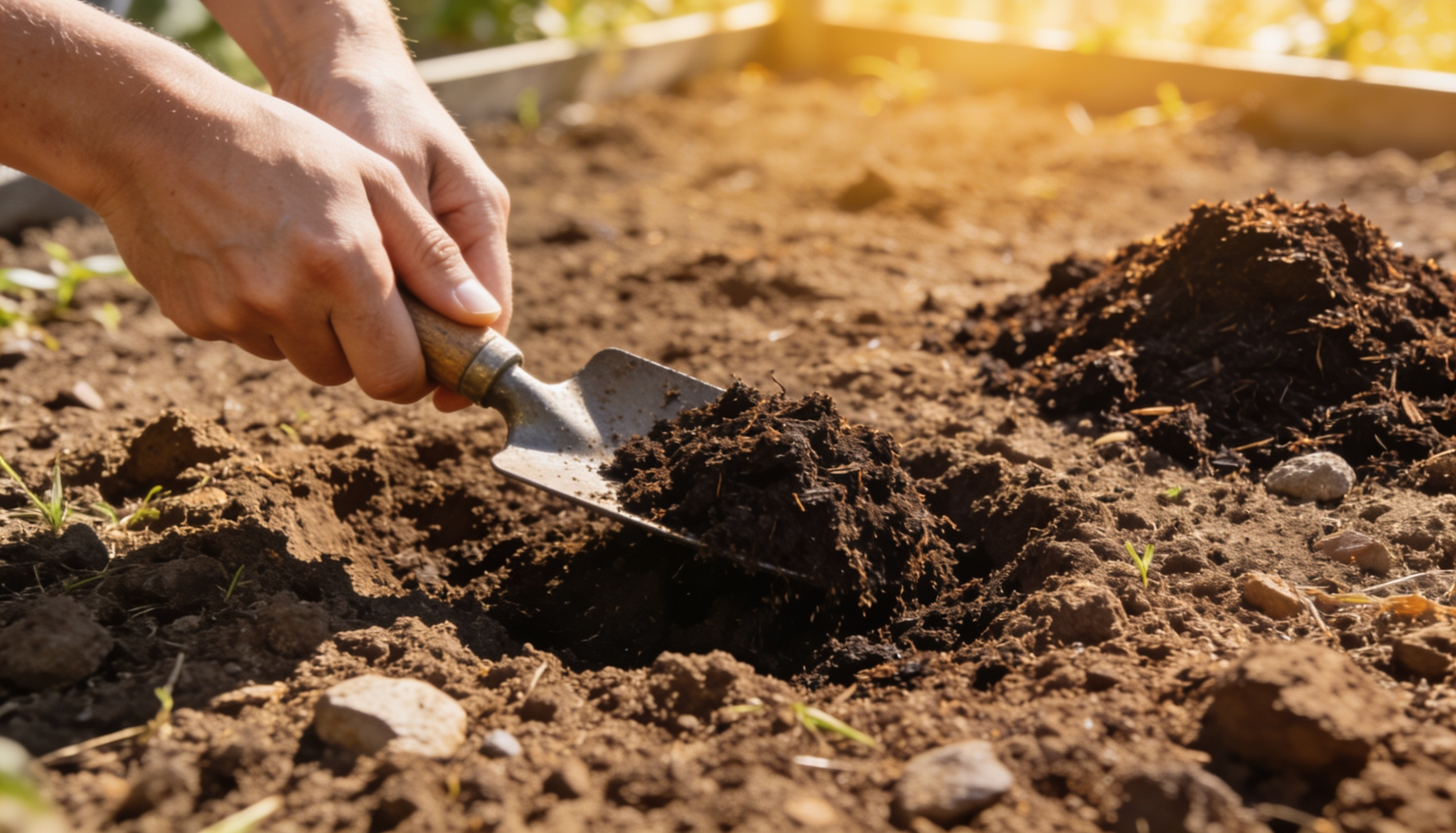 hands using a garden trowel to add compost to soil in a raised garden bed during planting preparation