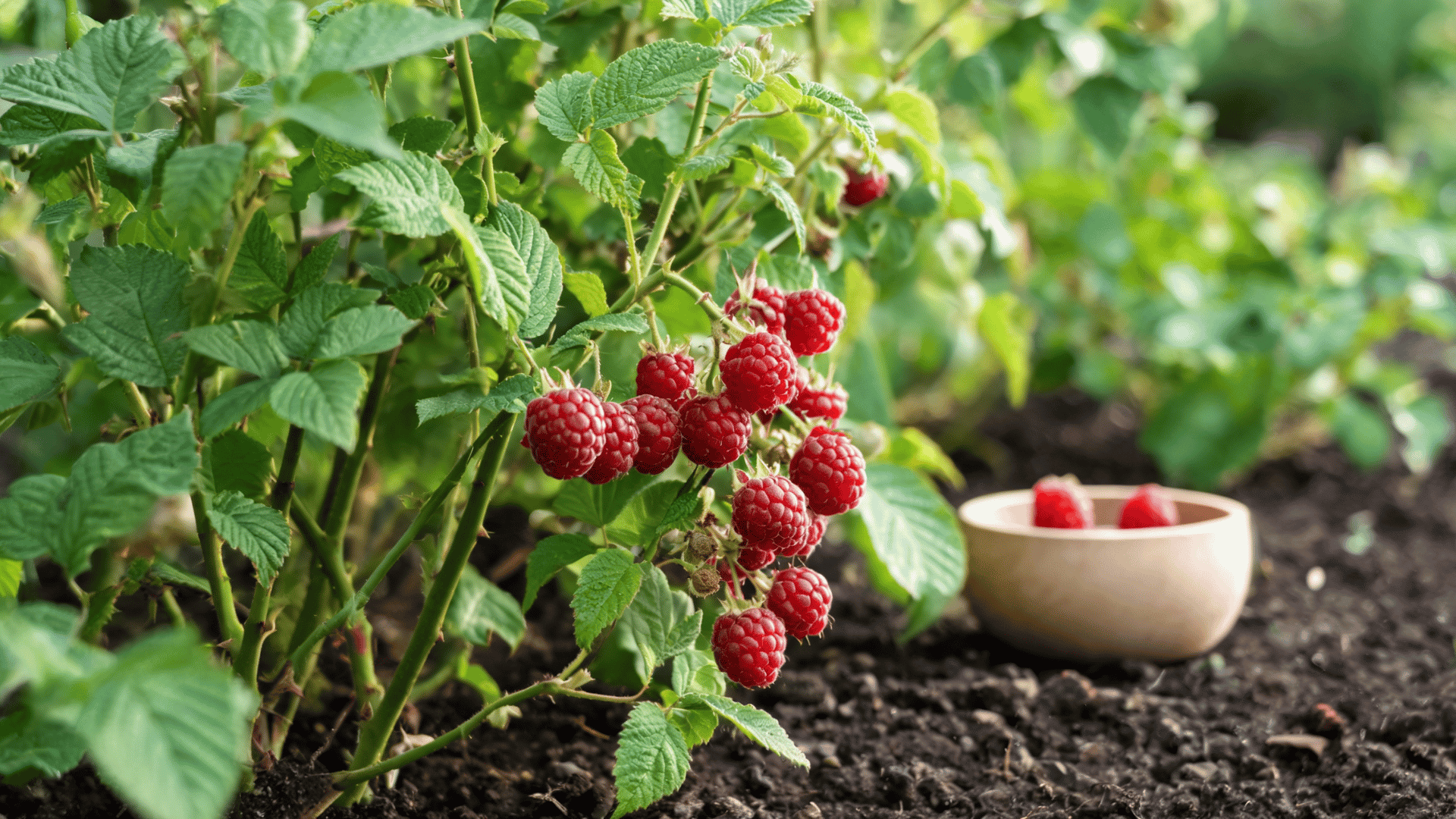Ripe raspberries growing on canes with a small bowl beside the plant.