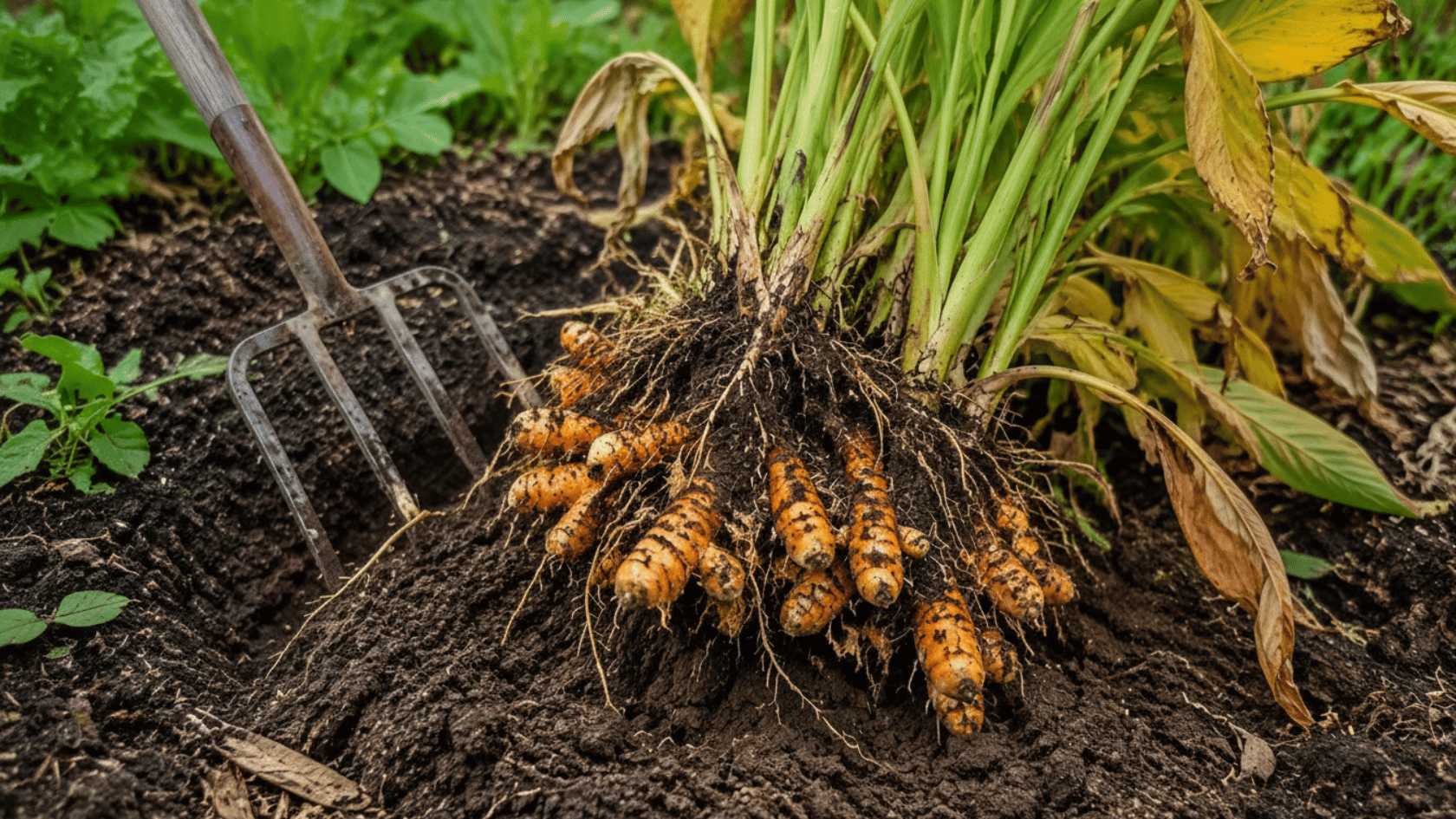 Fresh turmeric plant with exposed rhizomes being harvested from garden soil