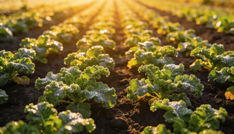 healthy kale plants growing in well-spaced rows with morning dew on the leaves and sunlight across the garden bed