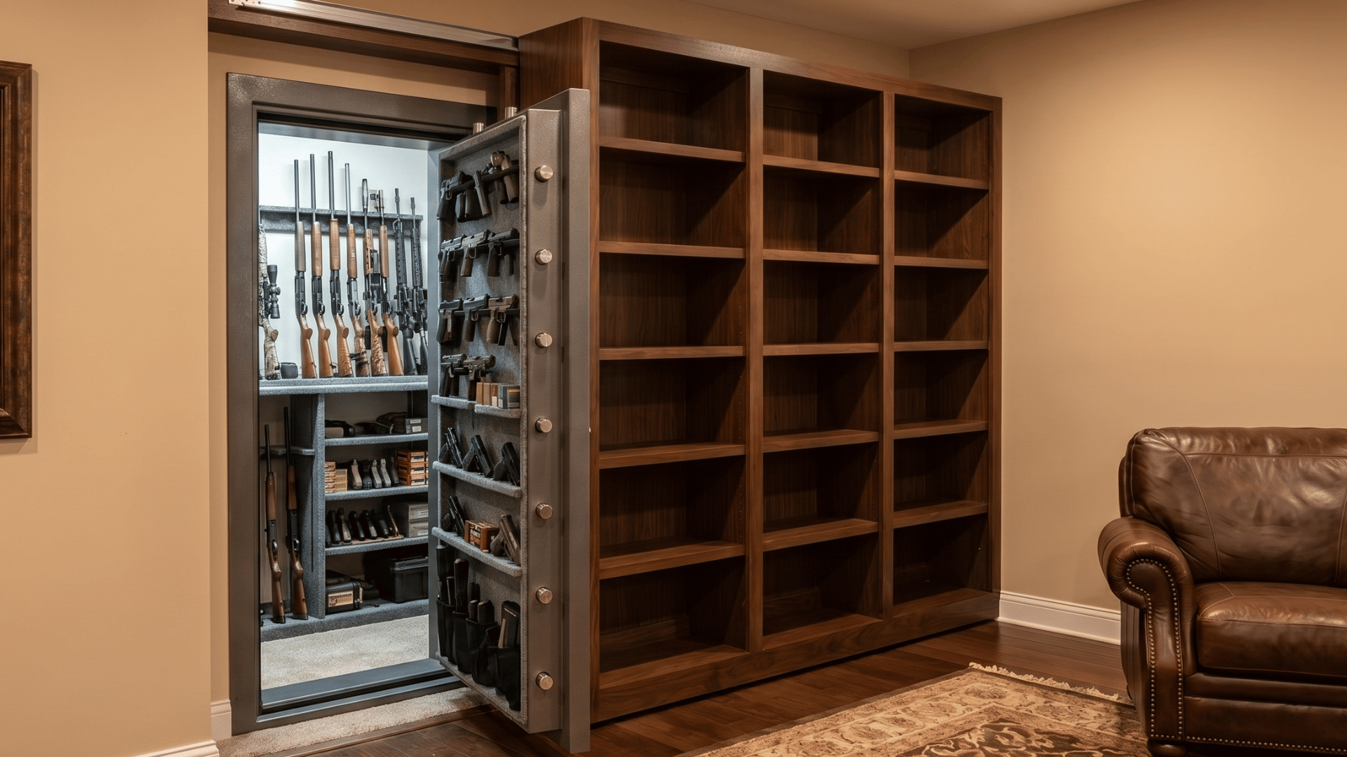 hidden gun vault revealed behind a bookshelf or wall mirror in a home interior