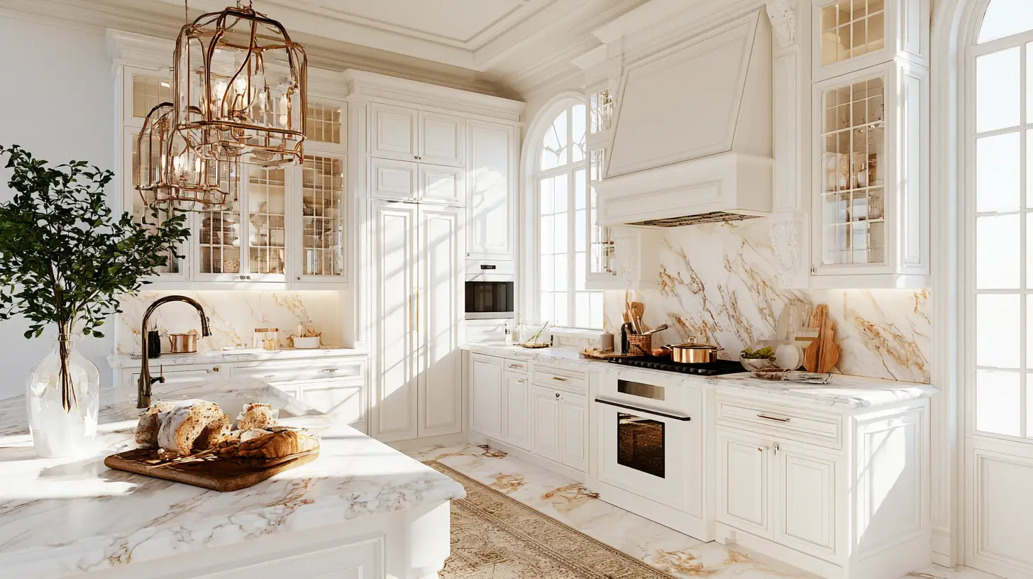 Luxurious white kitchen with marble countertops and copper details under warm natural light