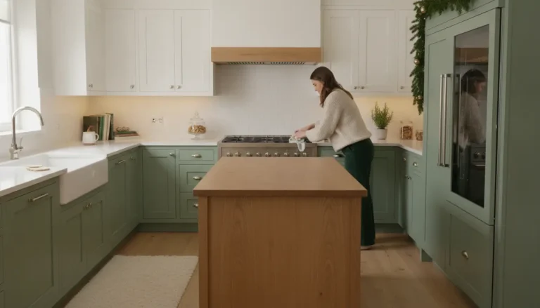 Woman cleaning stove in a spacious modern kitchen with green cabinets