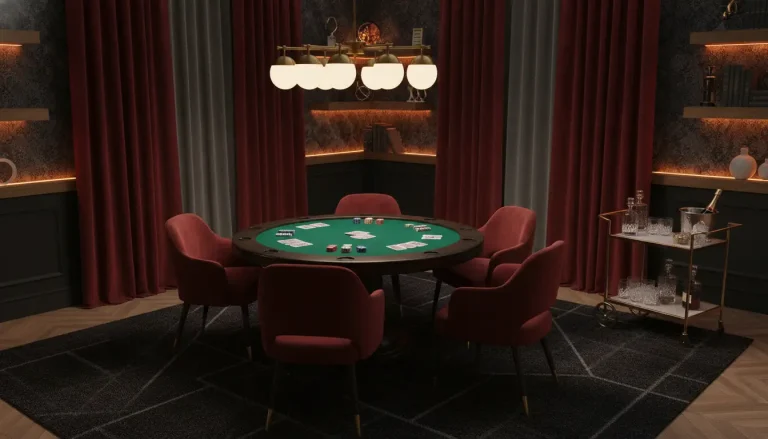 Poker table with cards and chips in luxurious room with velvet chairs and dim lighting