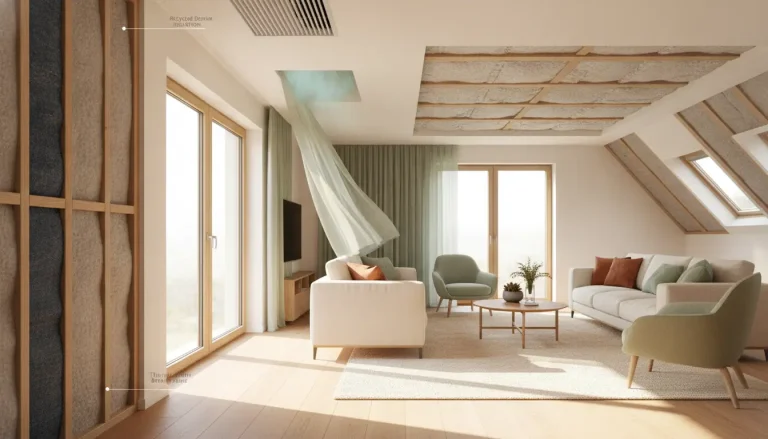 Bright living room with modern furniture, large windows, and fabric-wave ceiling accent