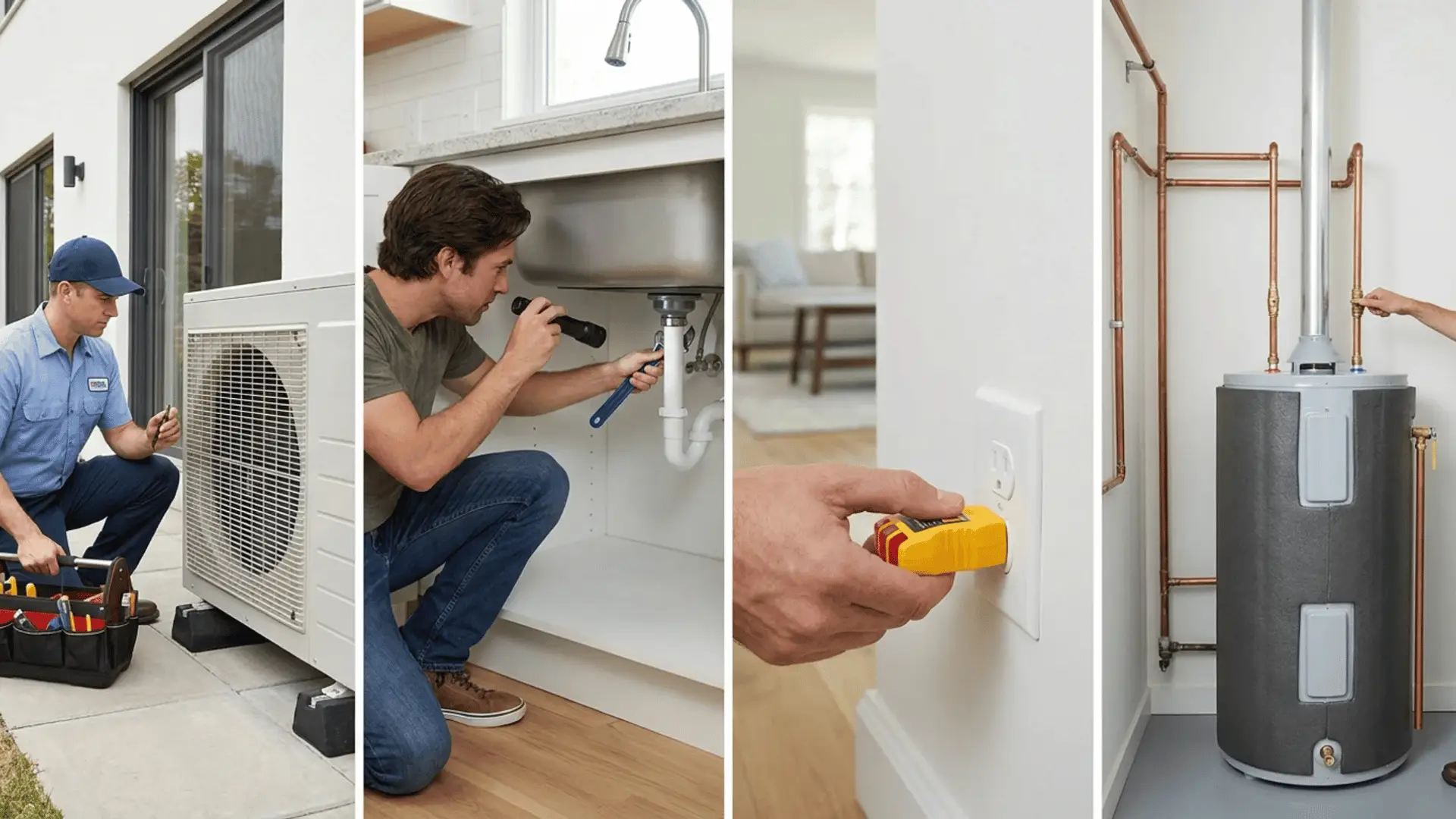 Technicians inspecting outdoor HVAC unit, under sink pipes, electrical outlet, and water heater indoors