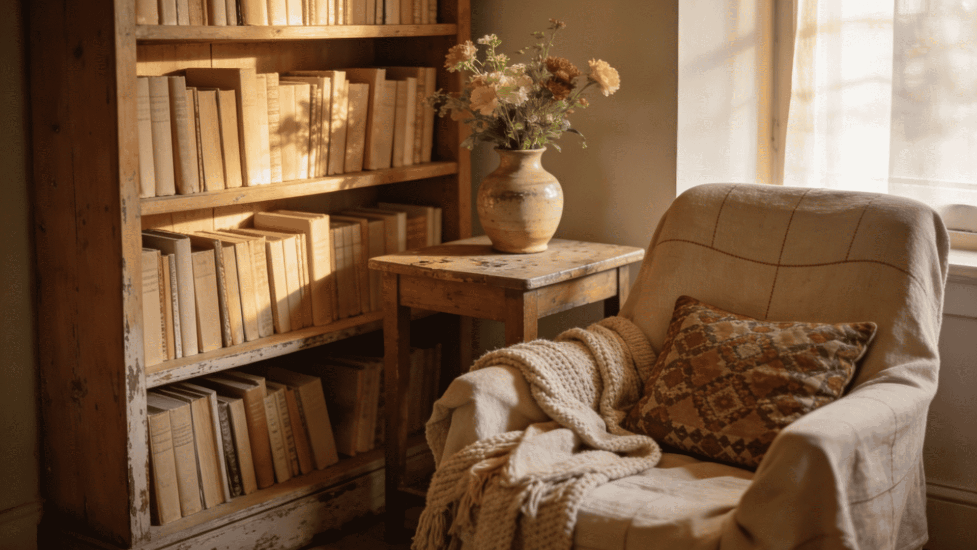 Home reading corner with wooden bookshelf, chair, and warm natural light.