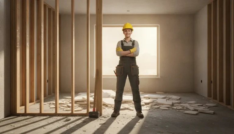 Construction worker in yellow hard hat and overalls standing in unfinished room with wooden framing