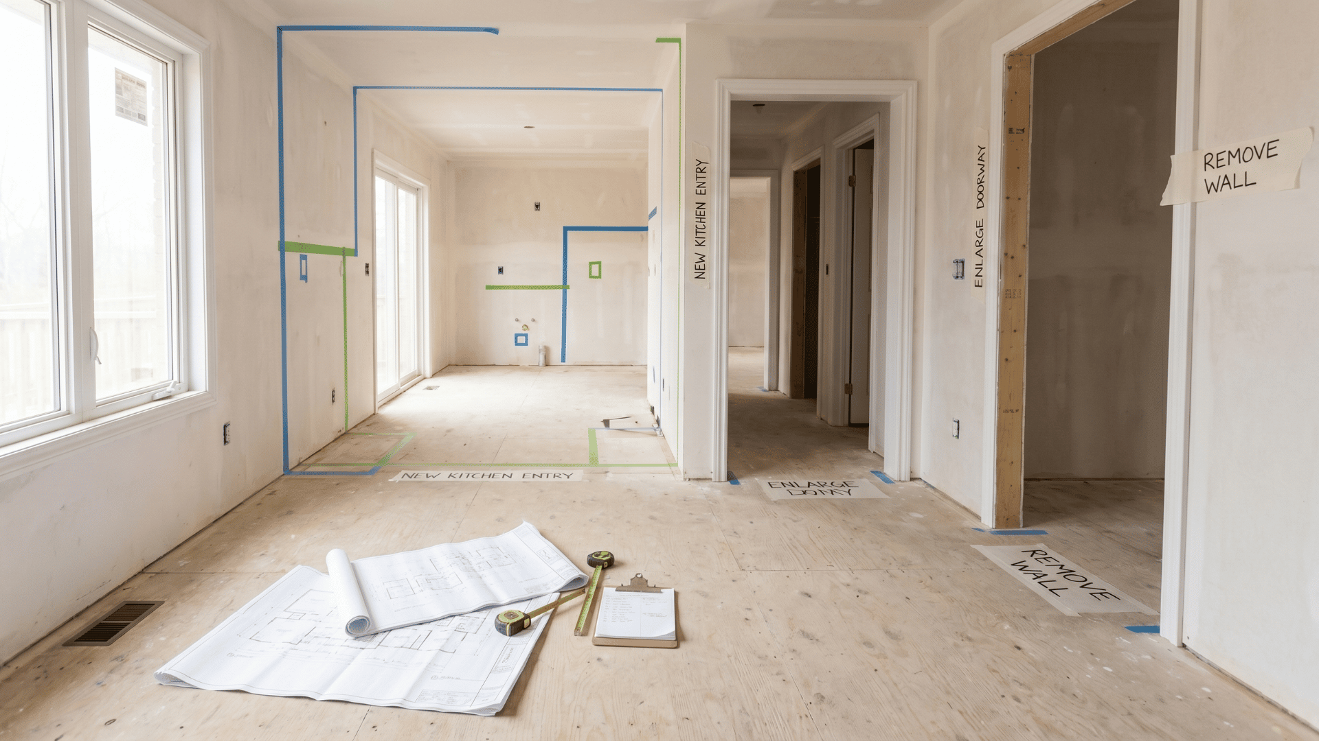 Empty home interior with renovation layout markings and floor plans