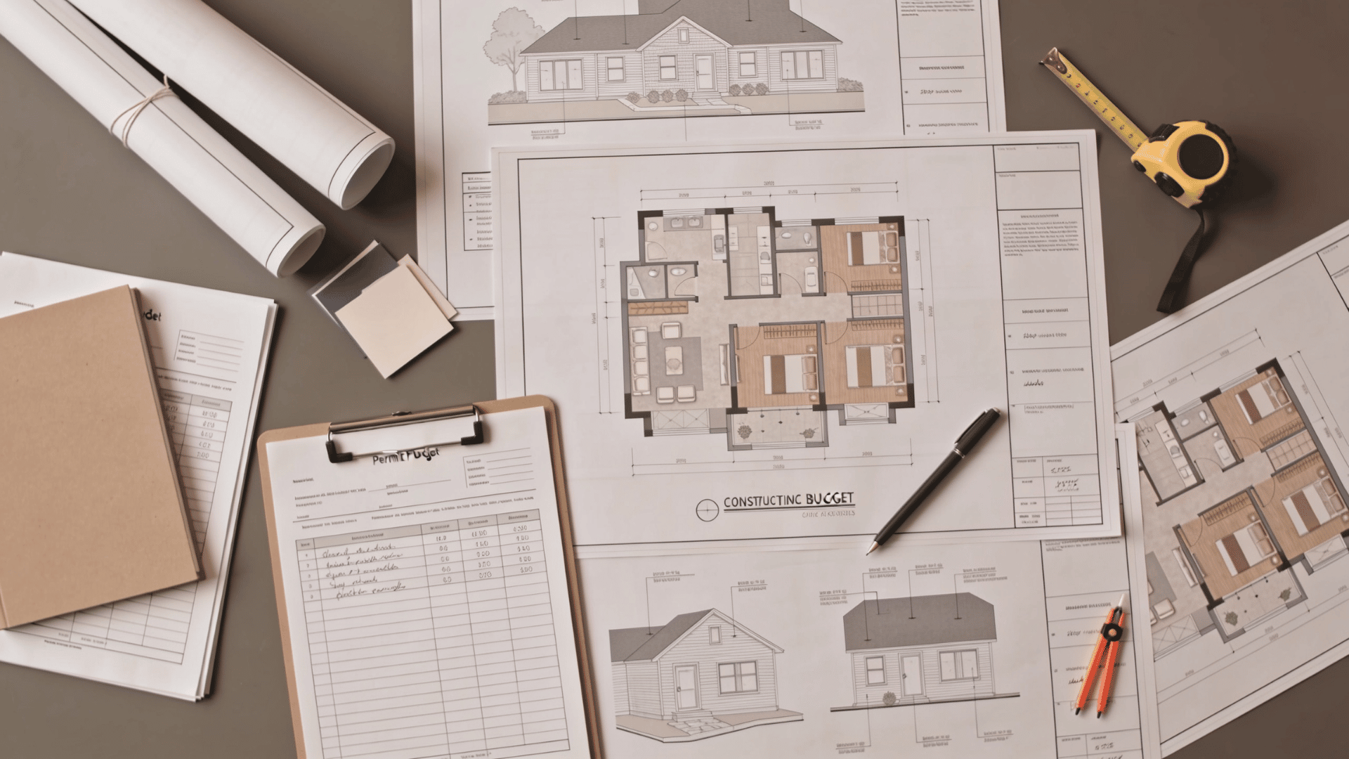 Renovation planning diagrams, pens and notebook