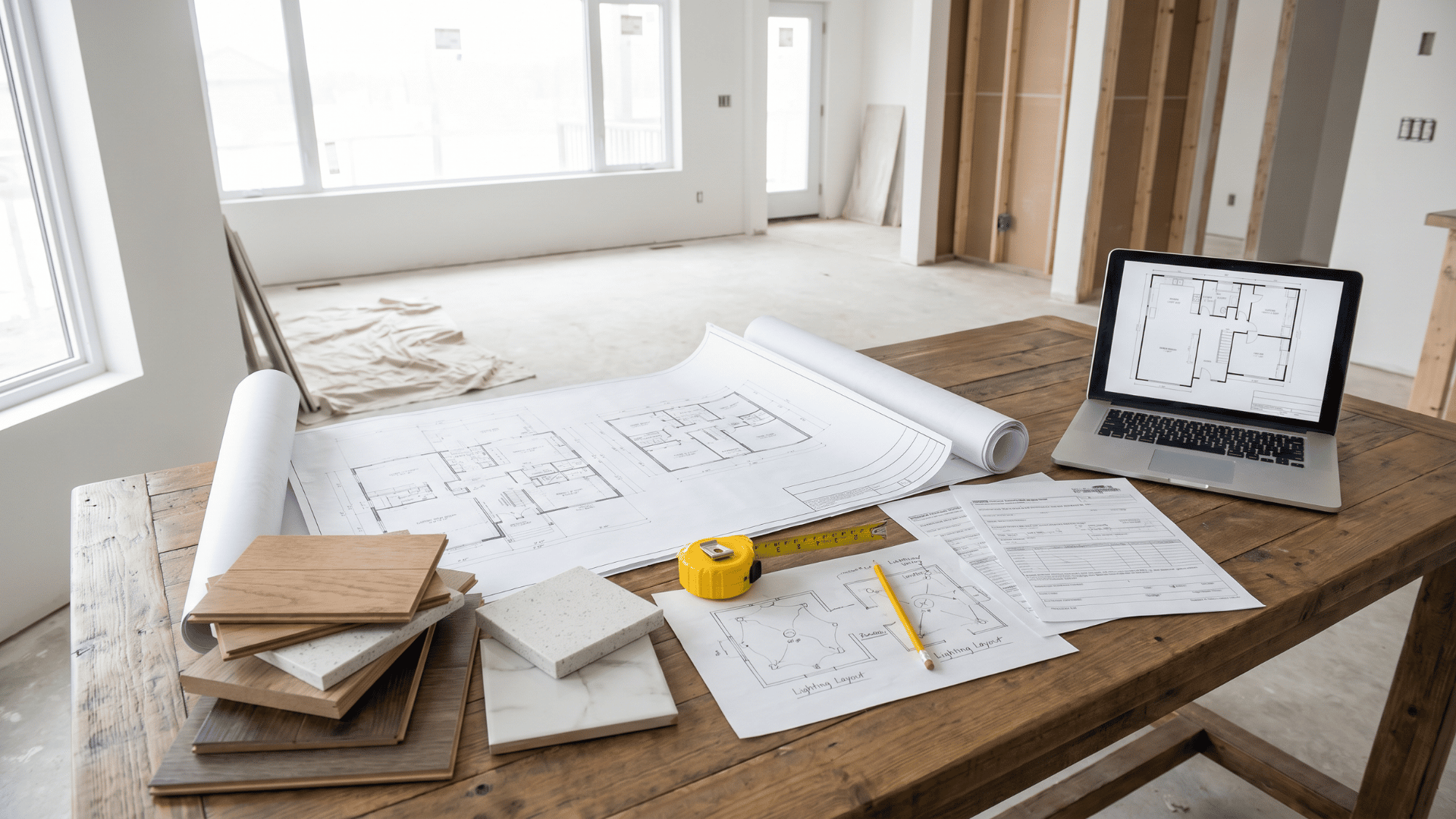 Floor plans, material samples, and renovation documents on a table inside a home under planning stages