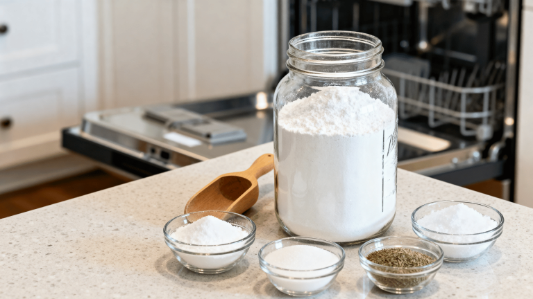 homemade dishwasher detergent jar on a kitchen counter