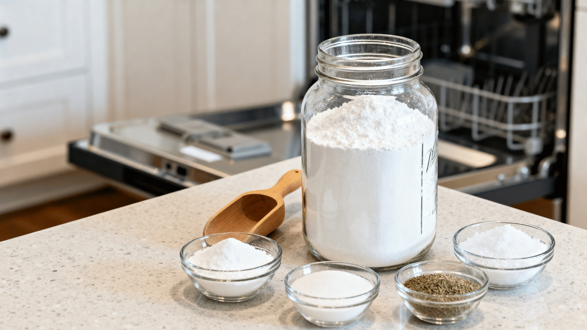 homemade dishwasher detergent jar on a kitchen counter