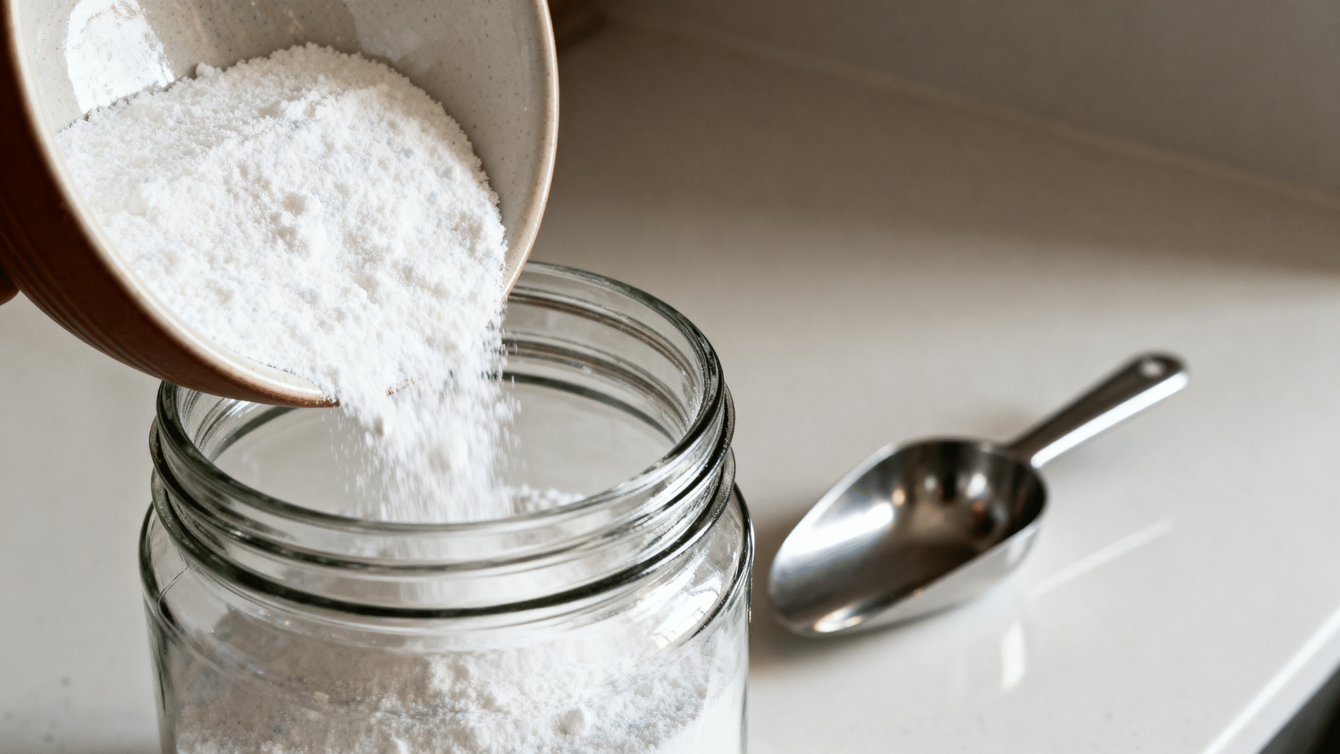 homemade dishwasher detergent powder poured into a glass jar