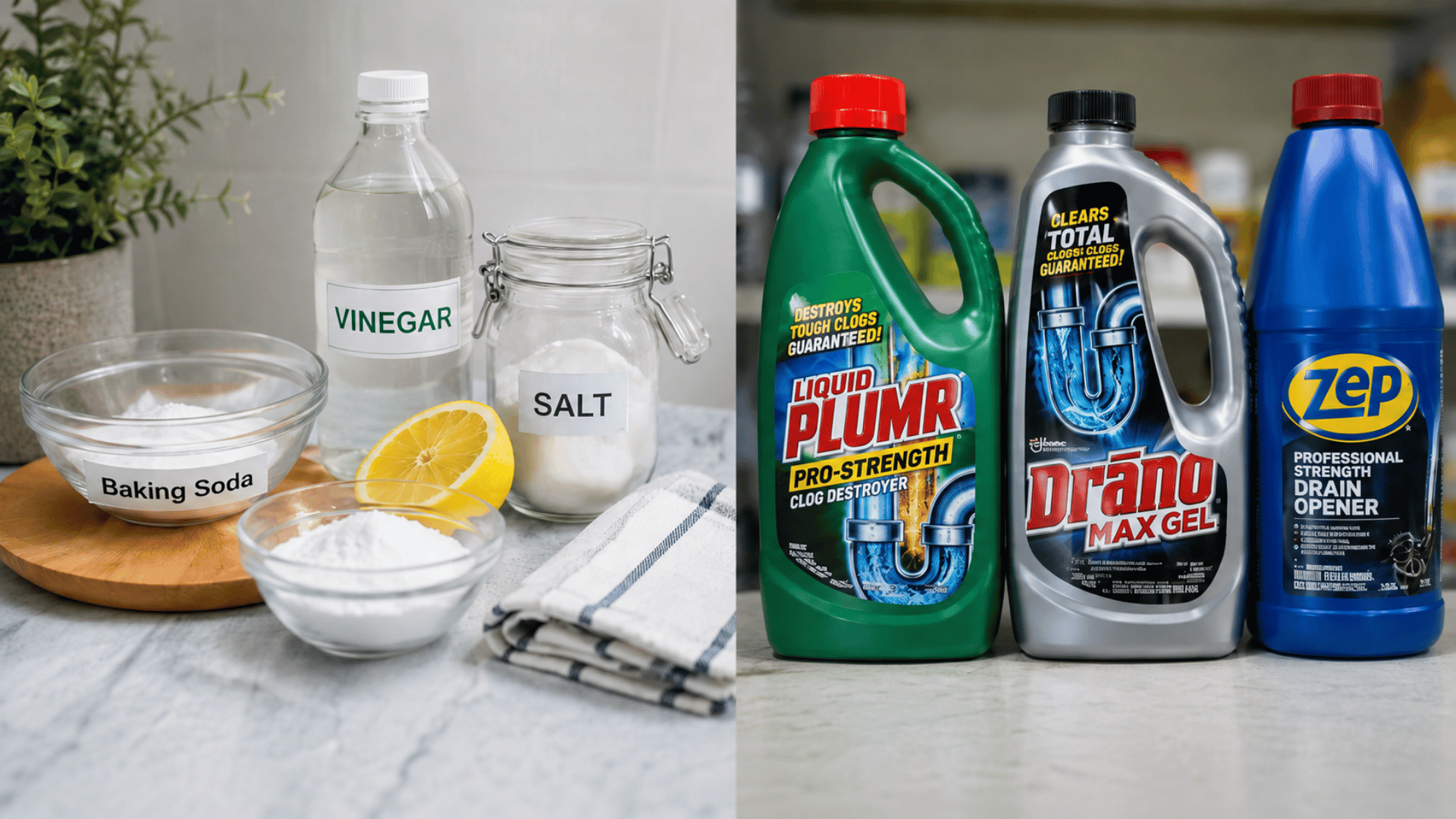 homemaden drain cleaner in comparision to commercial drain cleaner side by side with ingridients and bottles with logos