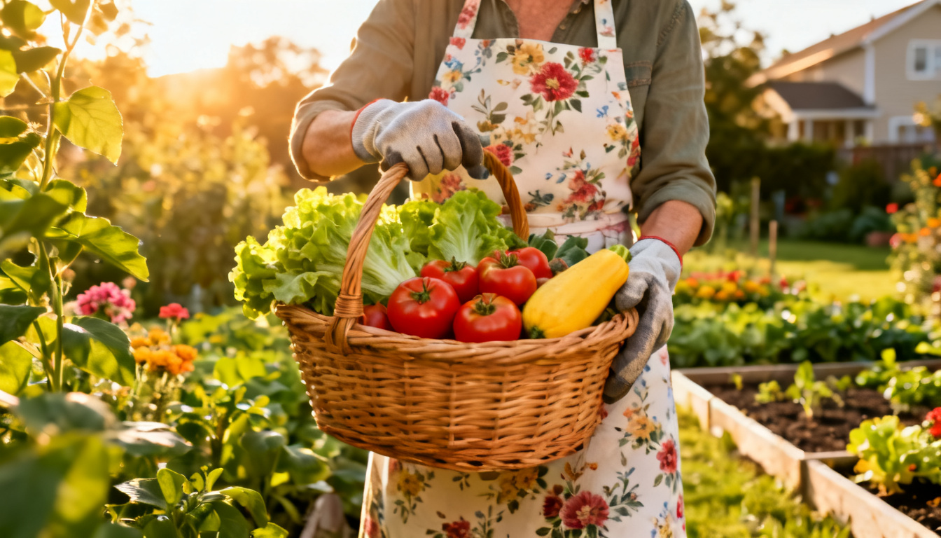 homeowner holding a basket of freshly harvested vegetables in a backyard edible garden