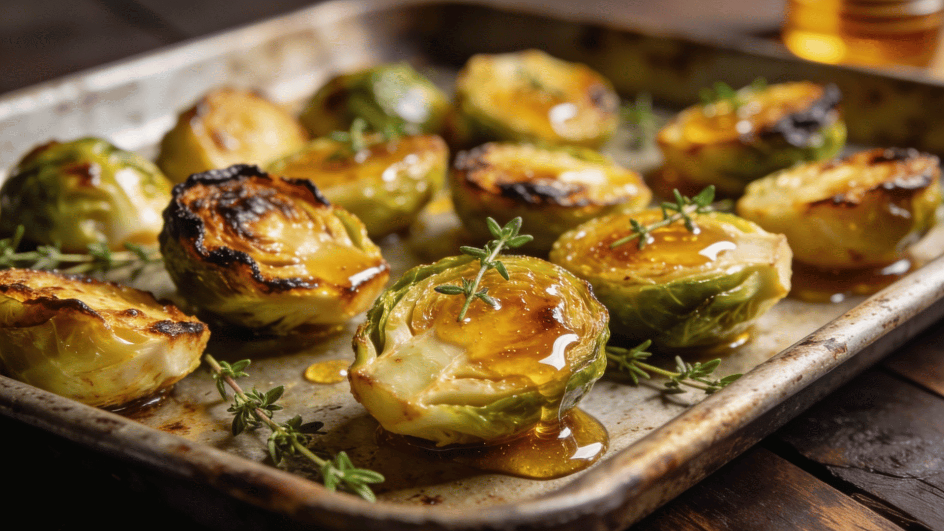 honey mustard brussels sprouts roasted until golden and glazed with honey, garnished with fresh thyme on a baking tray