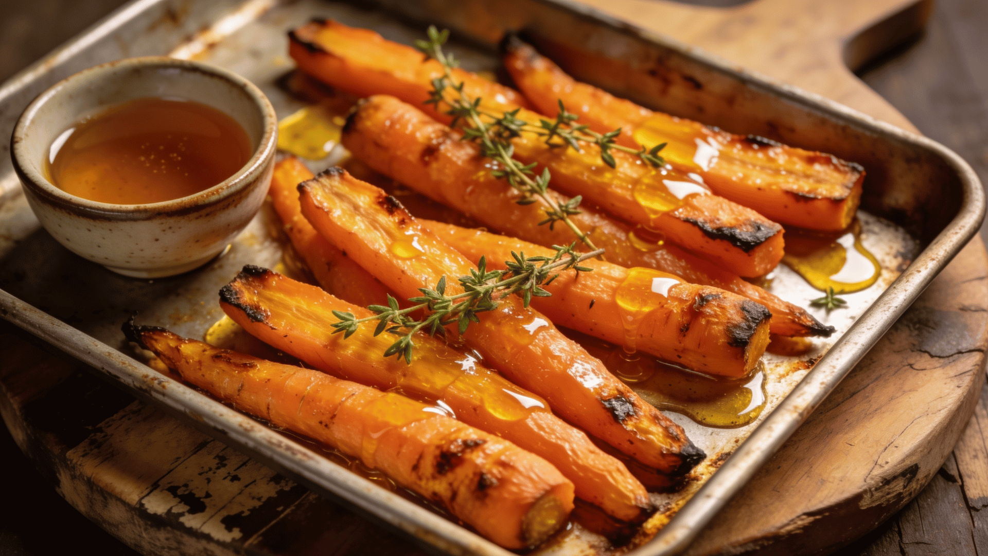 honey roasted carrots garnished with fresh herbs and served on a baking tray with a side of honey for dipping