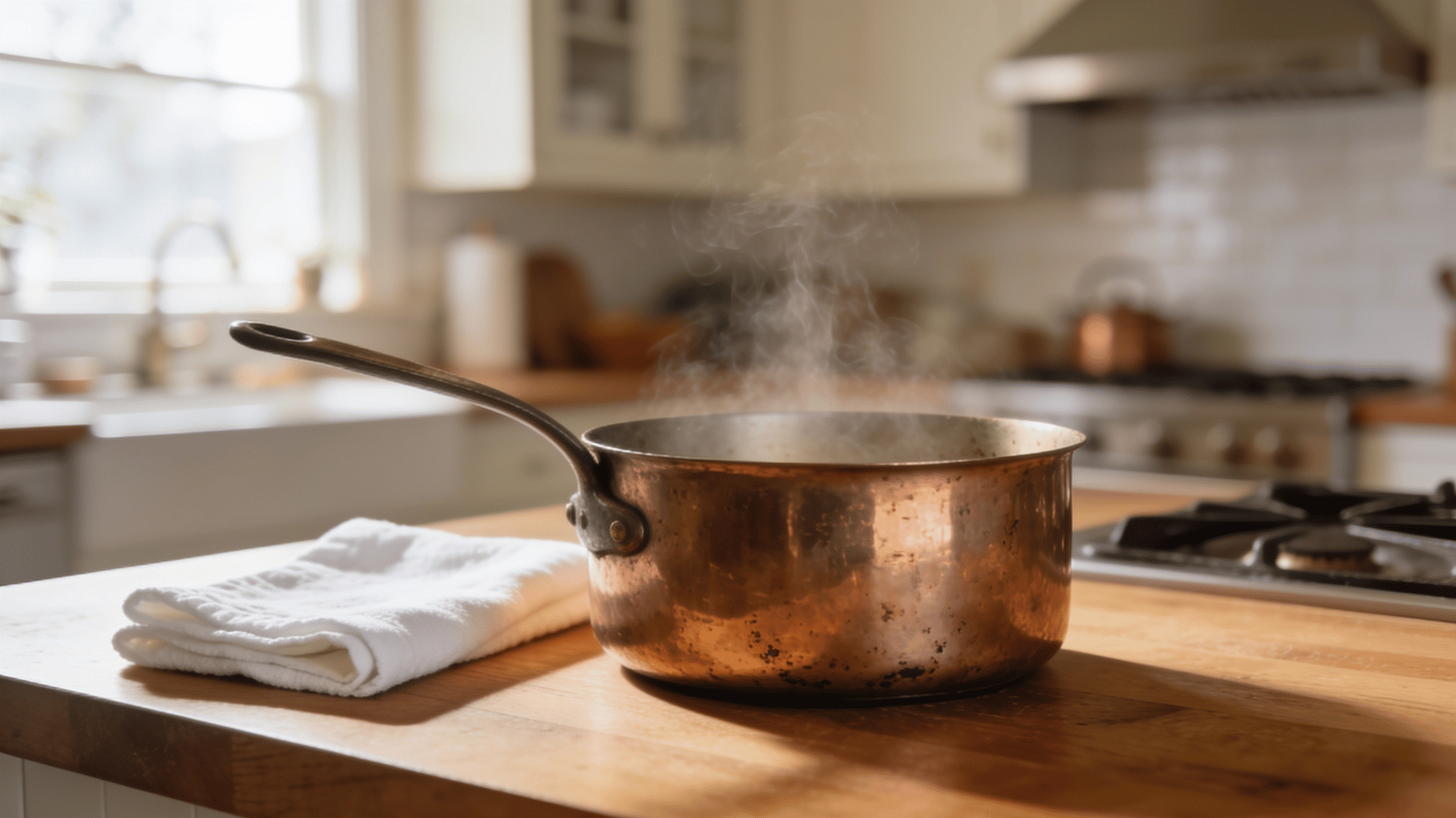 hot copper saucepan cooling on a wooden countertop beside a folded towel in a bright kitchen before safe cleaning begins