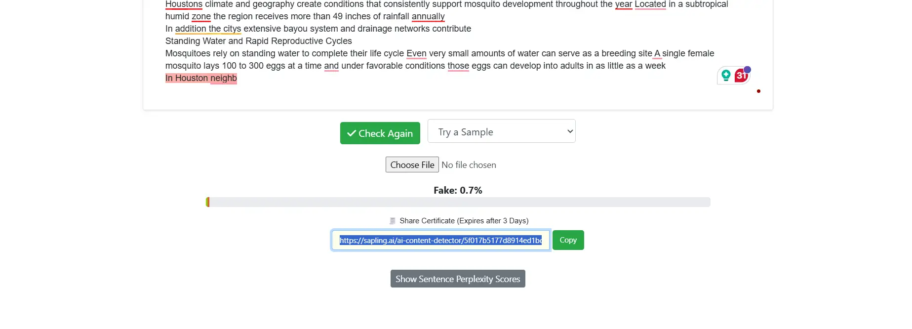 AI content detection tool interface with text input and results displayed on screen