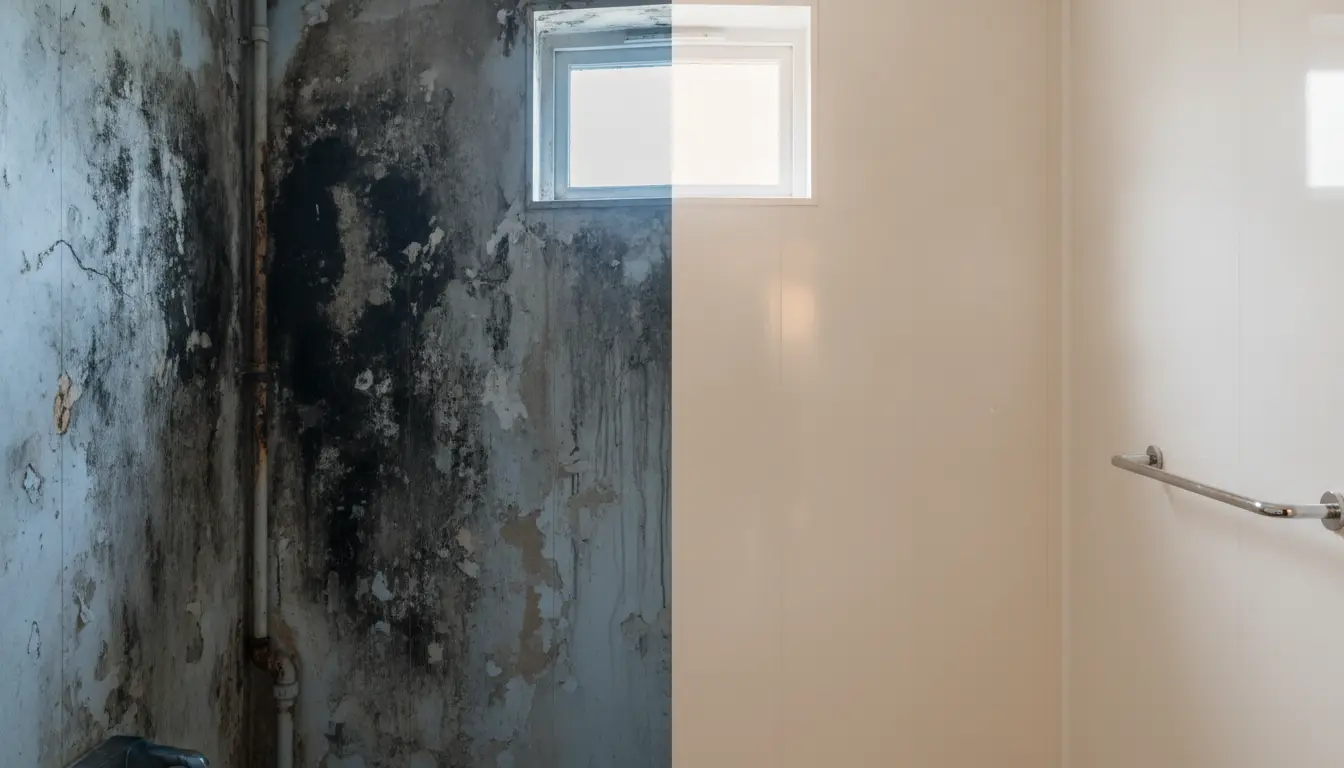 Moldy bathroom wall contrasted with clean white paneling and window, illustrating restoration process