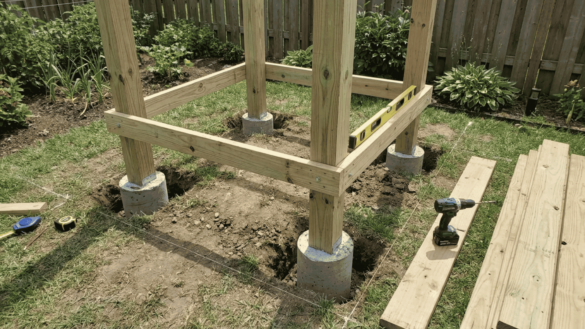 Wooden posts and frame installation for <echighlighted><echighlighted><echighlighted><echighlighted><echighlighted><echighlighted><echighlighted><echighlighted><echighlighted><echighlighted><echighlighted><echighlighted><echighlighted><echighlighted><echighlighted>outdoor shower ideas</echighlighted></echighlighted></echighlighted></echighlighted></echighlighted></echighlighted></echighlighted></echighlighted></echighlighted></echighlighted></echighlighted></echighlighted></echighlighted></echighlighted></echighlighted> with concrete footings and construction tools on grass.