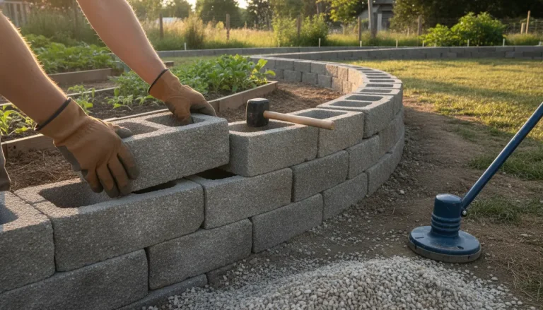 Gloved hands laying concrete blocks for a garden wall in a sunny outdoor setting