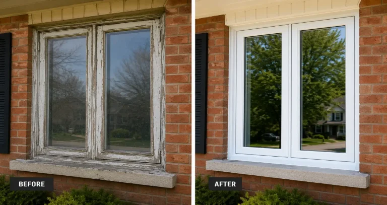 Old wooden window frame next to new white vinyl window on brick house exterior