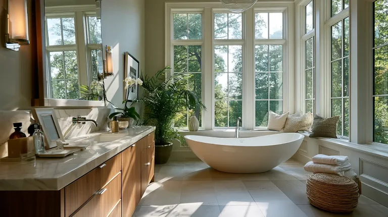 Luxurious bathroom with freestanding bathtub, large windows, and wooden cabinets in natural light