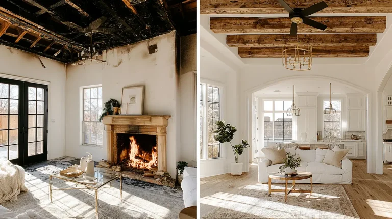 Fire-damaged living room with darkened ceiling next to bright, renovated space with exposed beams and white decor